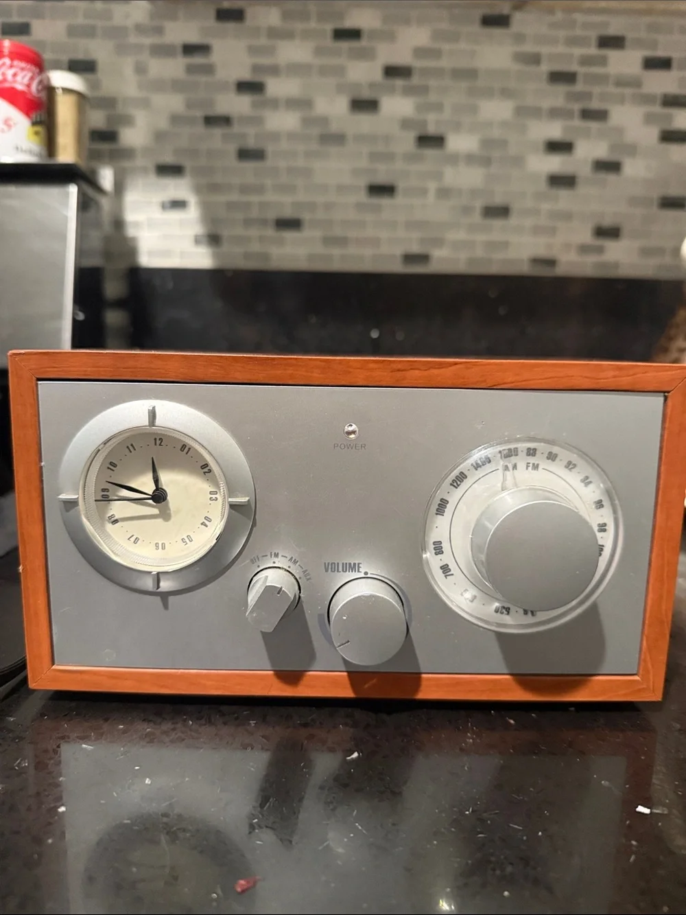 Retro Wood-Frame Wall Clock Radio in Gray and Brown
